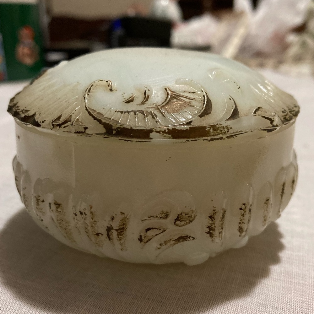 Trinket Jewelry Box MILK GLASS You Can See Fire In It - 1800’s Victorian ANTIQUE